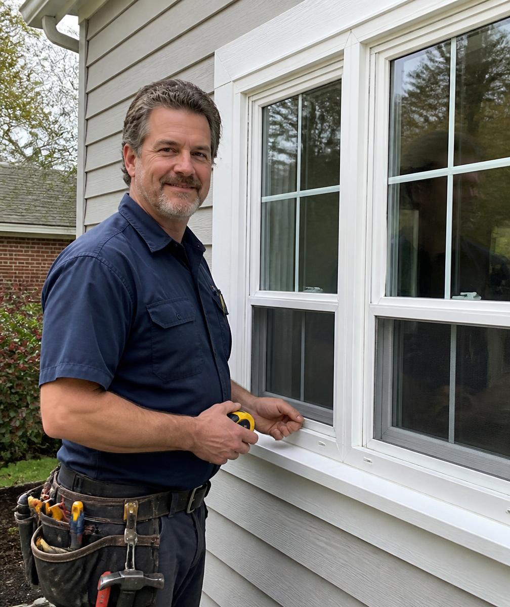 Demo photo of an experienced residential window installer beside a new window